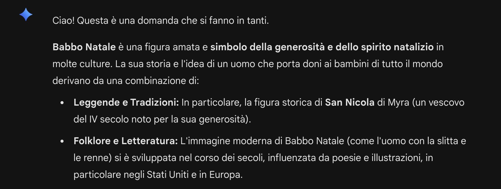 Un estratto della risposta fornita da Gemini alla domanda: "Babbo natale esiste davvero?"