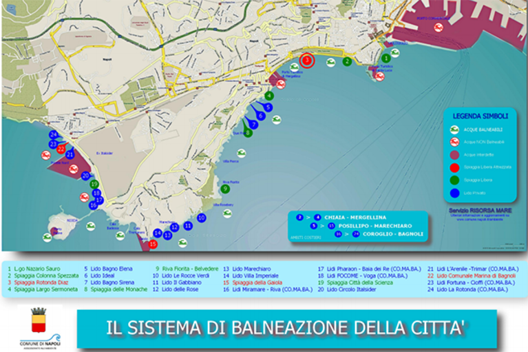 Mappa delle spiagge non balneabili del Comune di Napoli