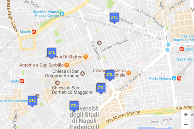 Mappa dei varchi della Ztl del Centro Antico di Napoli.