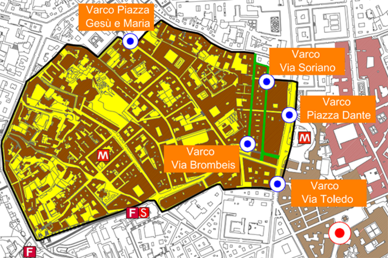 Mappa dei varchi della Ztl Tarsia - Pignasecca - Dante.