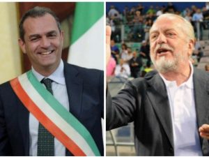 Il sindaco di Napoli Luigi de Magistris (sinistra) e il patron del Napoli Aurelio De Laurentiis (destra)