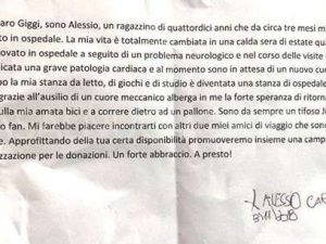 La lettera del piccolo Alessio inviata a Gigi Buffon.