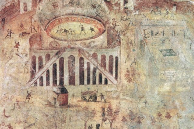 L’affresco della Zuffa tra pompeiani e nocerini, oggi esposto al Museo Nazionale di Napoli.