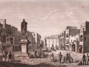 La piazza di Pozzuoli con il famoso "Mamozio". Illustrazione tratta da "L'album, giornale letterario e di belle arti", del febbraio 1837.