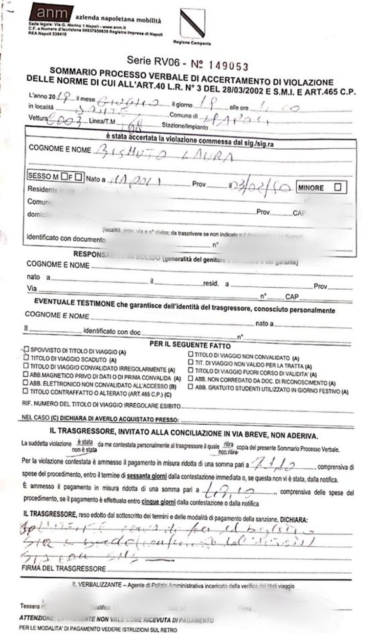 La multa verbalizzata alla consigliera Laura Bismuto. [Foto @Laura Bismuto]