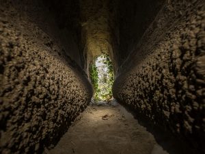 Particolare della concrezione calcarea sul fondo del cunicolo.