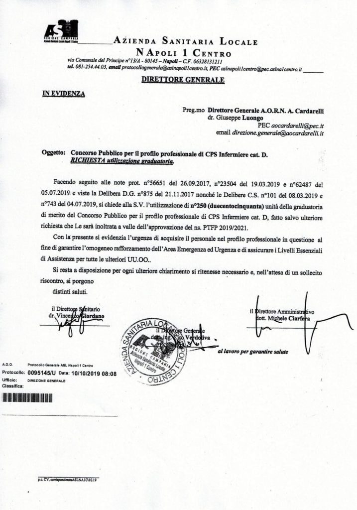 La richiesta di accedere alle graduatorie presentata dall'Asl Napoli 1 all'ospedale Cardarelli.