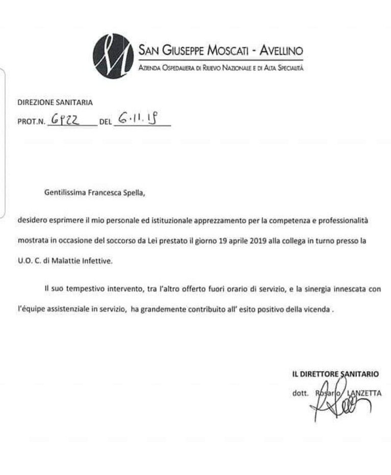 La lettera d'encomio dell'ospedale Giuseppe Moscati alla giovane infermiera.