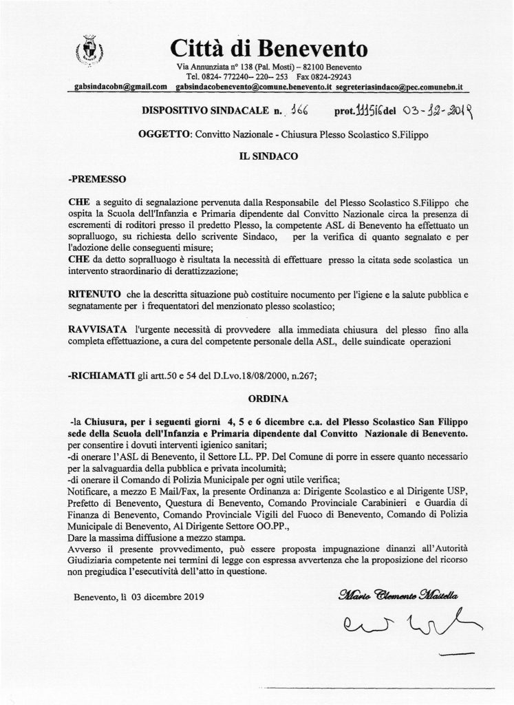 L'ordinanza del comune di Benevento firmata dal sindaco Clemente Mastella.