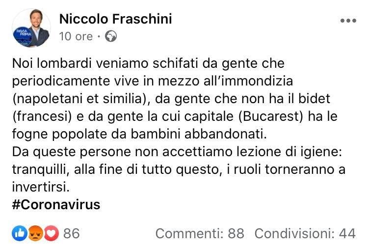 Il post del consigliere (Foto da Gisella Ruccia via Facebook)