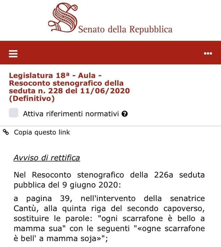 L'avviso di rettifica sul sito del Senato della Repubblica Italia.