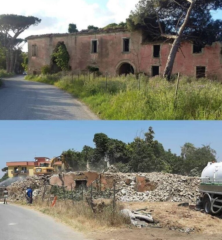 Il borgo San Zaccaria come era appena nel 2019 (sopra) e come è da due giorni, ormai demolito. [Foto @Italia Nostra Napoli]