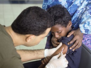 A Somali child receives a polio vaccination at the Tunisian hospital in Mogadishu. The hospital treat local Somalis' diseases, malnutrition, and other injuries.