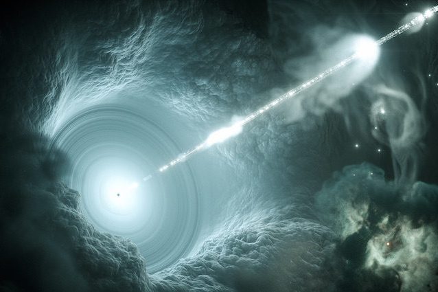 Rendering artistico di un nucleo galattico attivo. Il buco nero supermassiccio al centro del disco di accrescimento invia un getto di materia ad alta energia nello spazio. Crediti: DESY, Science Communication Lab