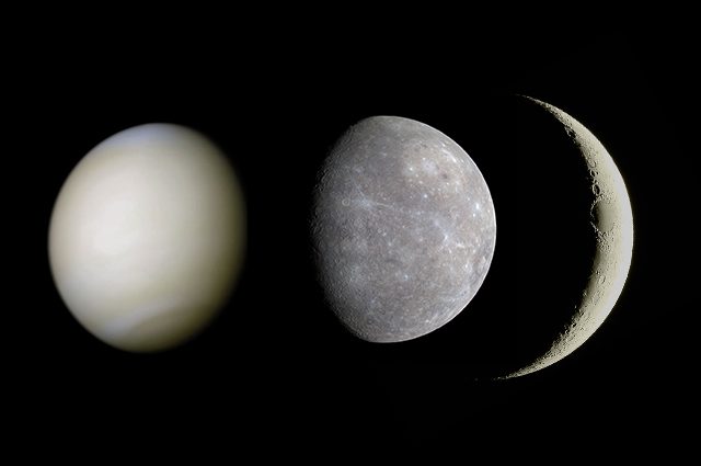 Venere, Mercurio e la Luna. Credit: Venere–Mercurio/NASA, Luna/Andrea Centini