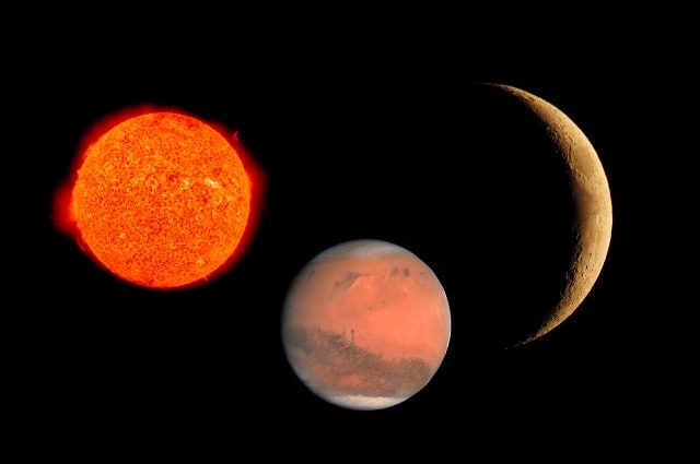 Una stella rossa, Marte e la Luna. Credit: NASA (Marte/stella) – Andrea Centini (Luna)
