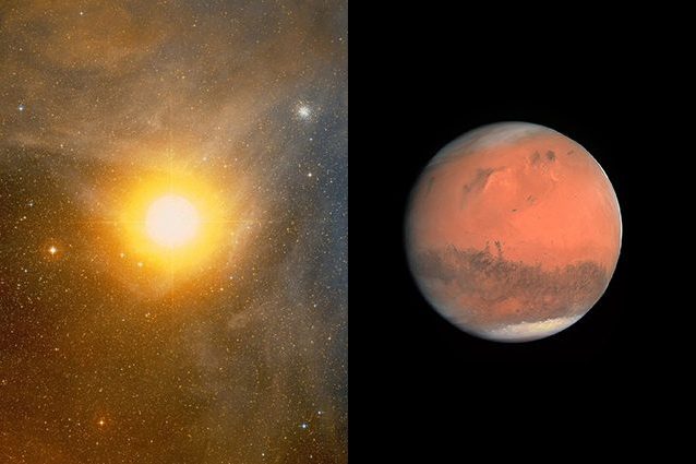 A sinistra Antares, a destra Marte. Credit: Palomar Observatory e NASA