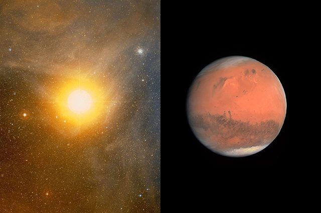A sinistra Antares, a destra Marte. Credit: Palomar Observatory e NASA