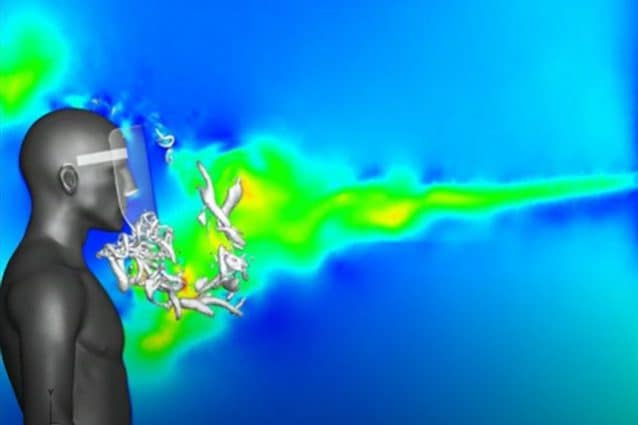 Simulazione di uno starnuto contro una visiera. Credit: Università di Fukuoka