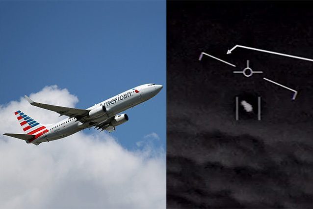 A sinistra un aereo di linea della America Airlines, a destra un fotogramma del video "Gimbal", che ritrae un UFO confermato dalla Marina militare statunitense