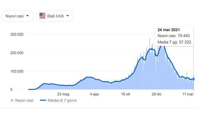 Curva epidemiologica dei contagi negli USA. Credit: Google