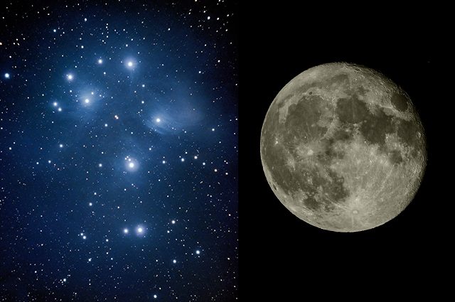 Le Pleiadi a sinistra e la Luna a destra. Credit: Andrea Centini
