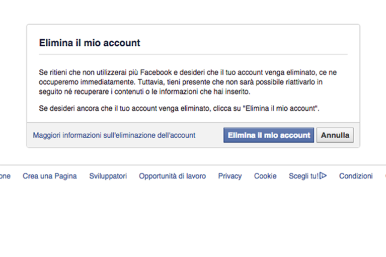 Pannello di Facebook per eliminare l'account. Fase 3