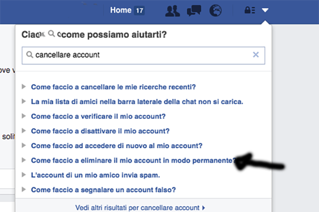 Pannello Facebook per eliminazione dell'account. Fase 2