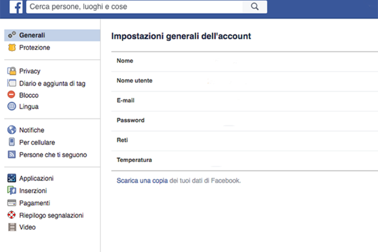 Pannello di facebook per disattivazione account - prima fase