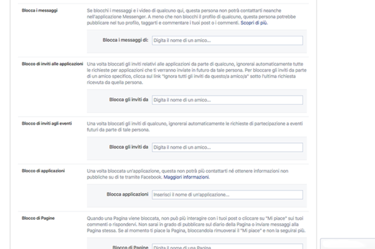 Bloccare inviti dei giochi su Facebook dal "Blocco" delle impostazioni