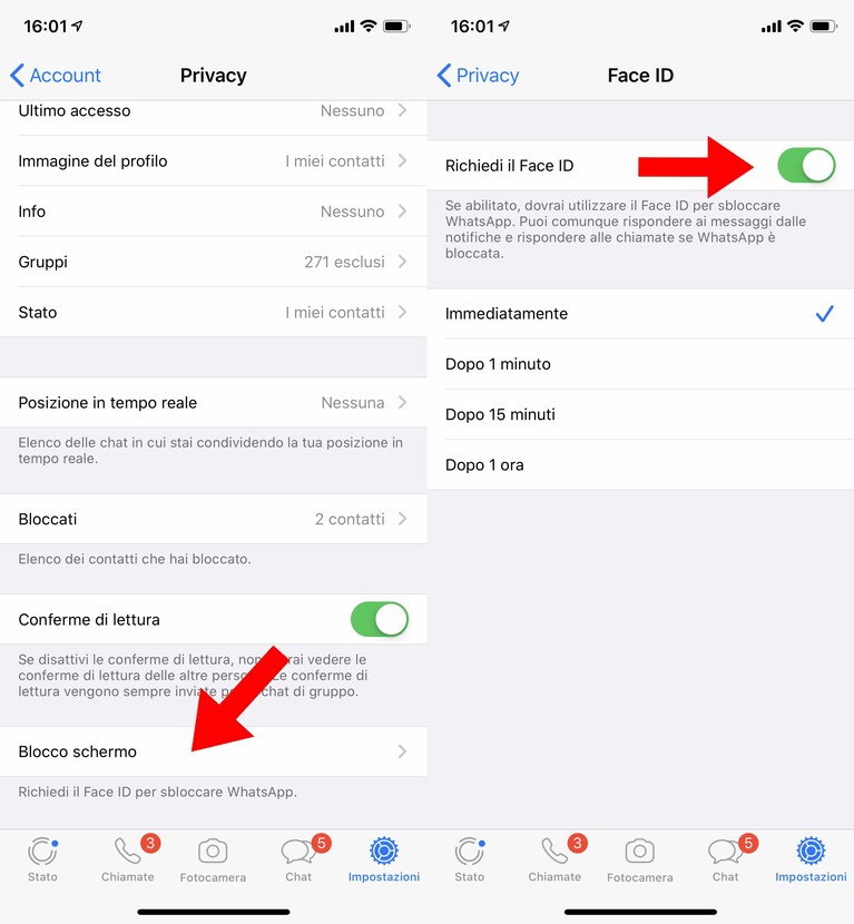 bloccare avvio whatsapp faceid impronta digitale