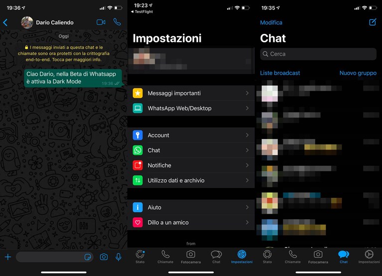 WhatsApp iphone beta tema scuro notte