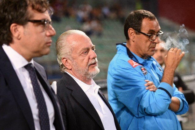 Il ds del Napoli, Giuntoli, il presidente De Laurentiis e il tecnico Sarri