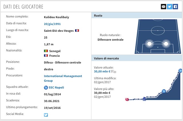 La scheda tecnica di Koulibaly (foto Transfertmarkt)