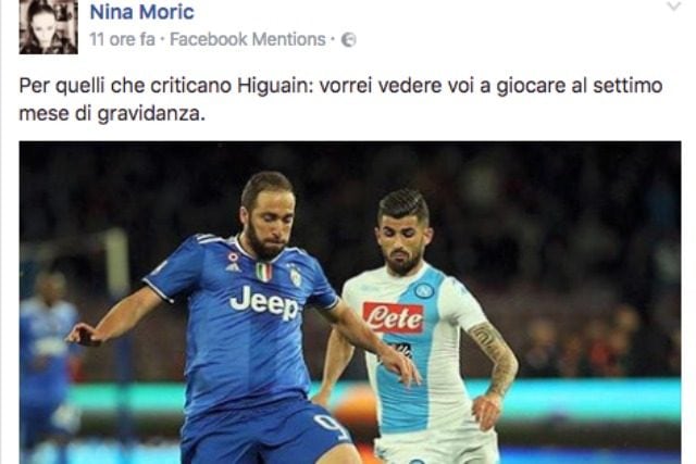 Il post–sfottò di Nina Moric su Gonzalo Higuain (foto Facebook)