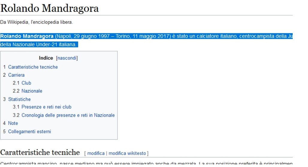 La pagina di Wikipedia modificata di Rolando Mandragora.