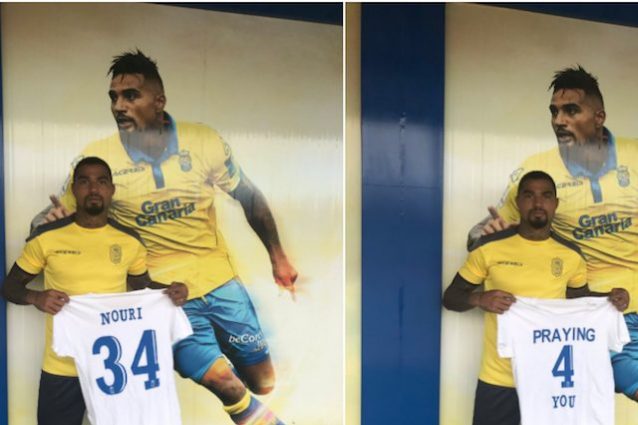 Boateng mostra sul suo profilo Twitter la casacca che indosserà in onore dello sfortunato Nouri (foto @KPBofficial)