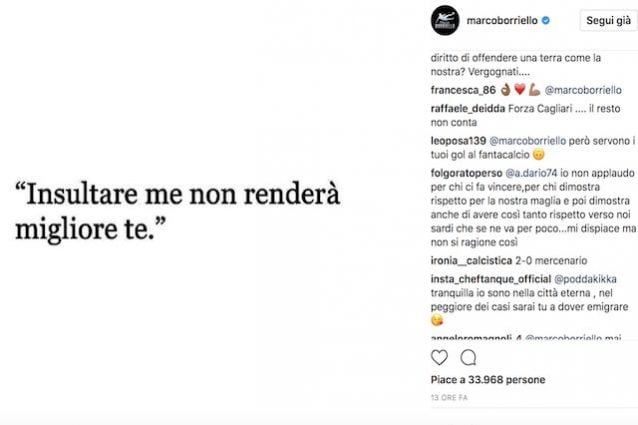 Il post polemico dopo Spal–Cagliari di Marco Borriello su Instagram