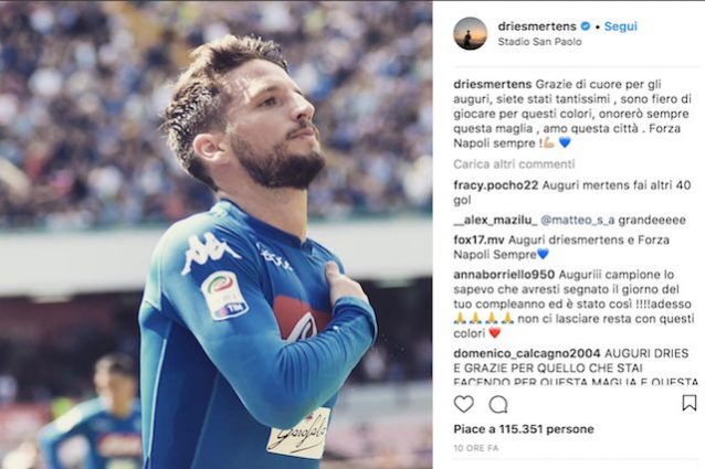 Il messaggio di Mertens (foto https://www.instagram.com/driesmertens/?hl=it)