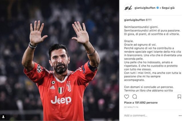 Buffon si congeda dalla Juventus su Instagram (foto https://www.instagram.com/gianluigibuffon/?hl=it)