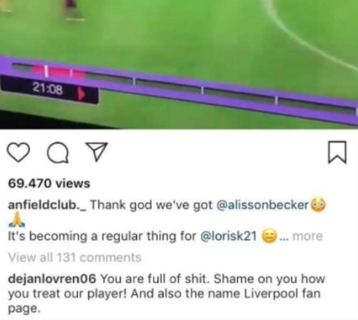 Lovren su Instagram difende Karius e attacca i tifosi.