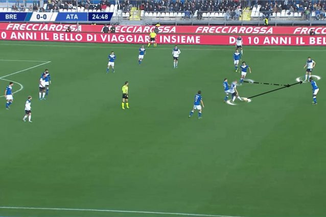 In questa azione contro l’Atalanta, Tonali si dispone in posizione adatta a intercettare la triangolazione degli avversari e in modo da vedere subito il posizionamento dei compagni.