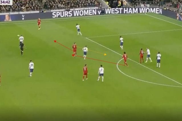 L’intelligenza di Firmino che arretra e consente a Salah di infilarsi nello spazio contro il Tottenham: il triangolo con il brasiliano dilata il campo per i Reds