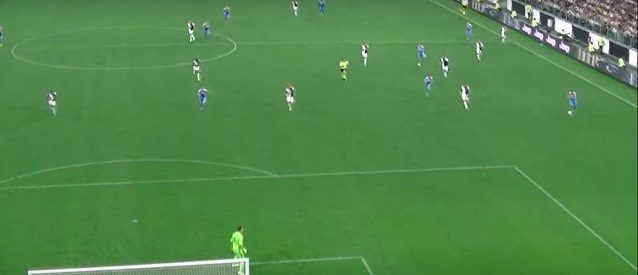 Il gol di Lozano in Napoli–Juve. Sul cross da sinistra, i due centrali bianconeri sono troppo larghi per chiudere sul messicano